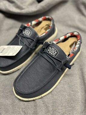 NIB Hey Dude Men's size 12 Navy Slip-On Loafers with red, white, & blue collar